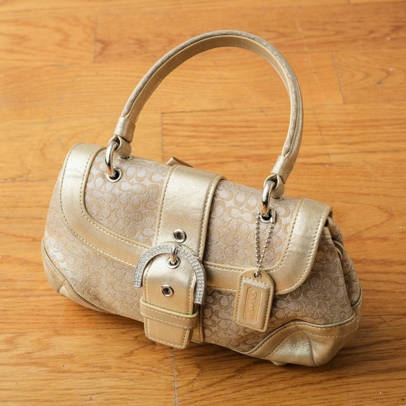 Coach Handbags - Coach Gold Metallic Signature Jacquard Satchel with Leather Trim Y2K 2000s Glam